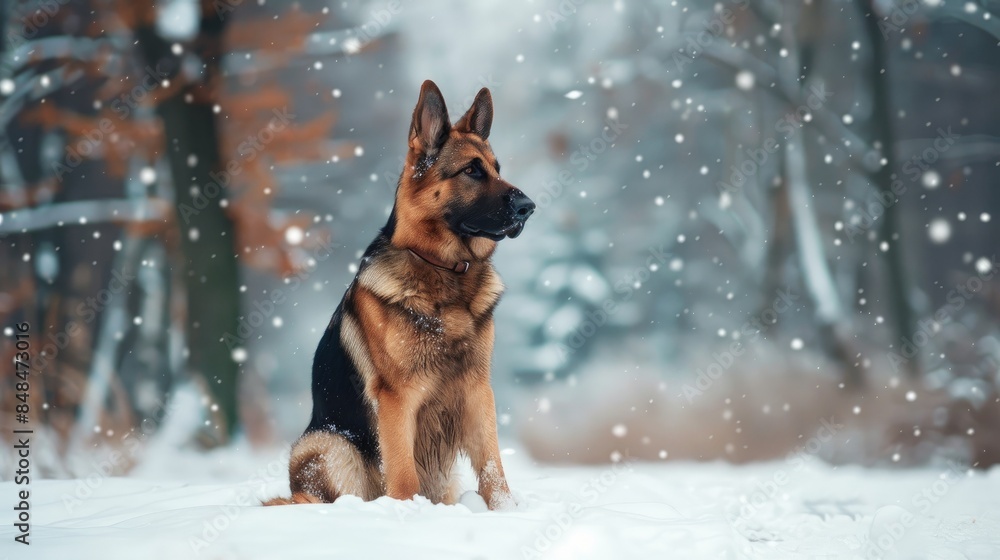 Dog breed German shepherd during the winter season Dog breed German shepherd during the winter season