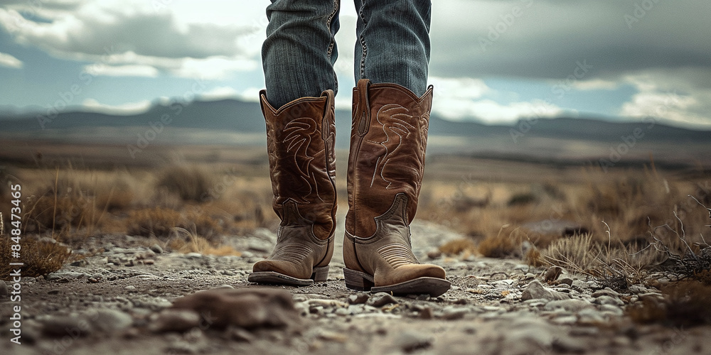 a man in cowboy boots walks through the wild west a man in cowboy boots walks through the wild west