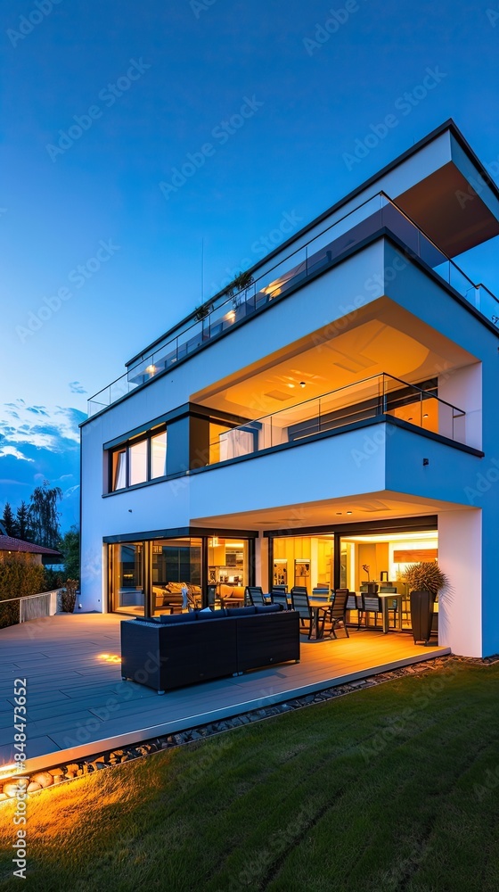 a modern garden terrace at night, featuring outdoor furniture, wooden cladding, and decorative plants in the background. a modern garden terrace at night, featuring outdoor furniture, wooden cladding, and decorative plants in the background.
