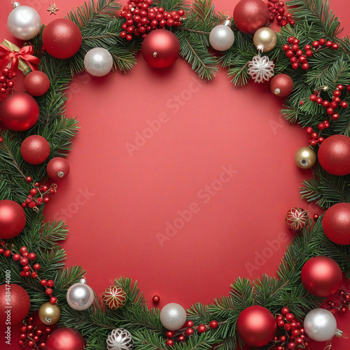 Christmas-themed red background with festive decorations and ample copy space