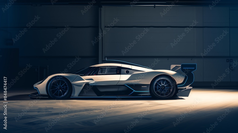 Fototapeta premium Automotive Photography, Side View of a Sleek Hypercar in a Garage with Soft Lighting