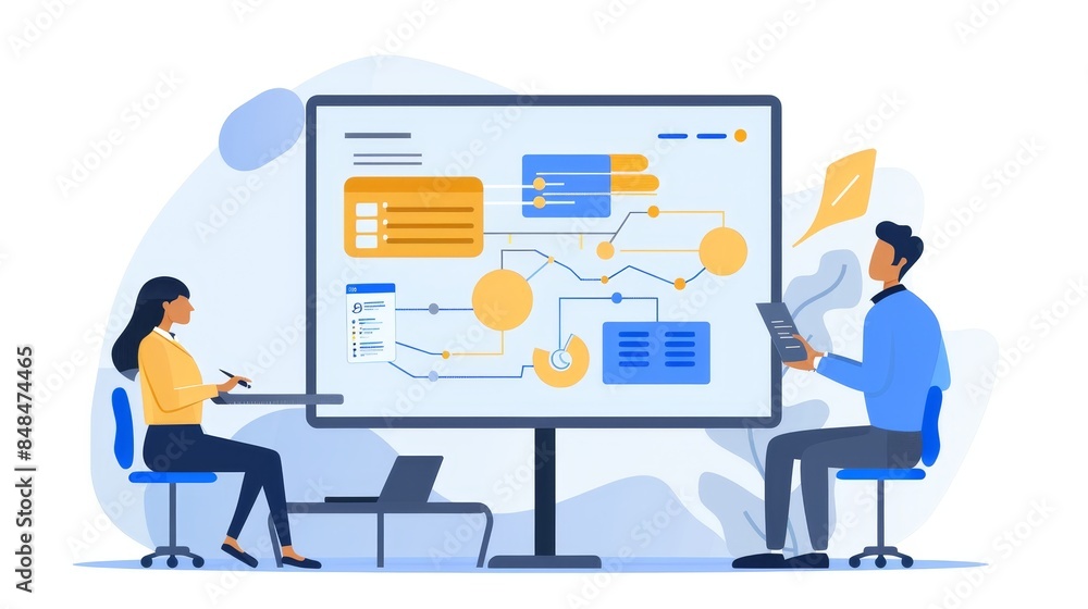 Two professionals working on a project with a whiteboard, analyzing data and workflow charts in a modern office setting. Two professionals working on a project with a whiteboard, analyzing data and workflow charts in a modern office setting.