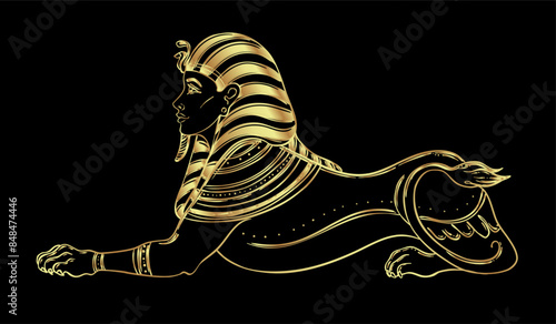 Sphinx, Egyptian mythical creature with head of human, body of lion and wings.Hand-drawn vintage vector outline illustration in gold over black. Egyptian sacred wall art logo design. Symbol of the