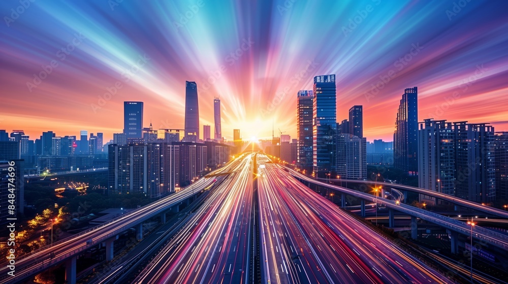 Urban Photography, Stunning Highway Leading to a Vibrant City Skyline at Sunset with Motion Blur Urban Photography, Stunning Highway Leading to a Vibrant City Skyline at Sunset with Motion Blur