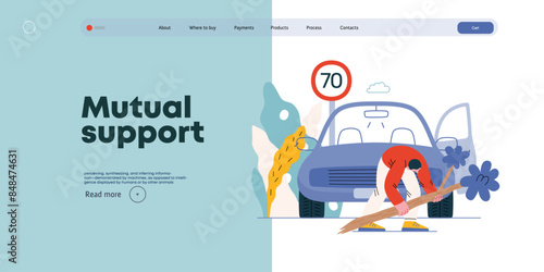 Mutual Support: Clearing an obstacle from the way -modern flat vector concept illustration of a man removing a fallen branch from the road A metaphor of voluntary, collaborative exchanges of services