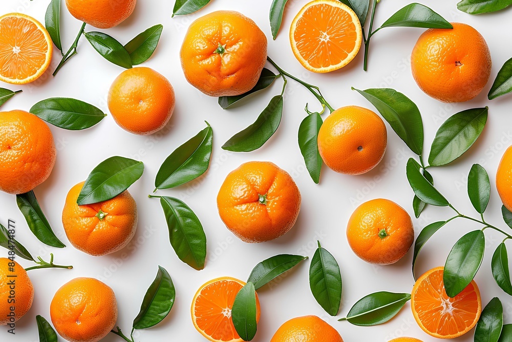 A group of oranges with leaves on a white surface A group of oranges with leaves on a white surface