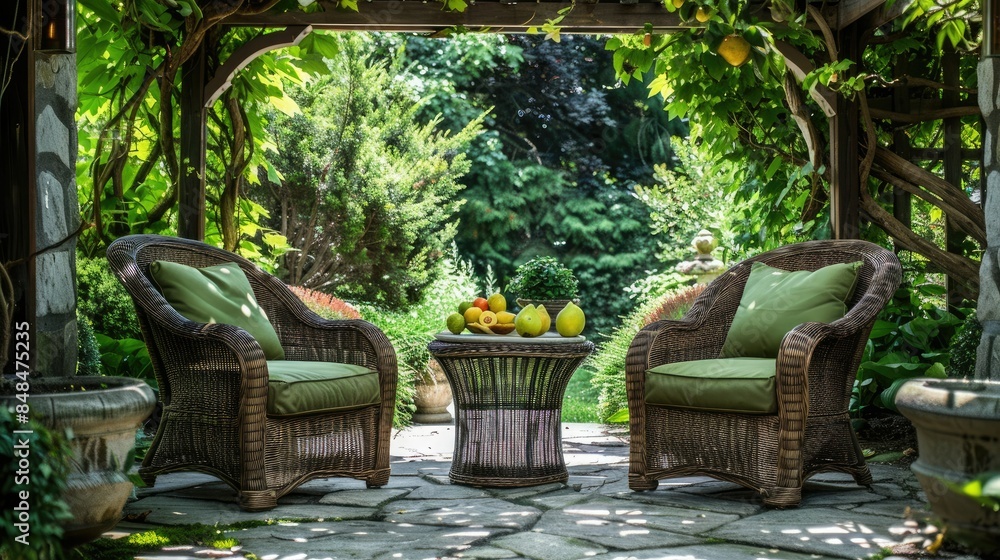 A cozy wicker patio with green cushions is located under the backyard gazebo, surrounded by lush trees and flowers. The garden is filled with various plants that add color to the space. A cozy wicker patio with green cushions is located under the backyard gazebo, surrounded by lush trees and flowers. The garden is filled with various plants that add color to the space.