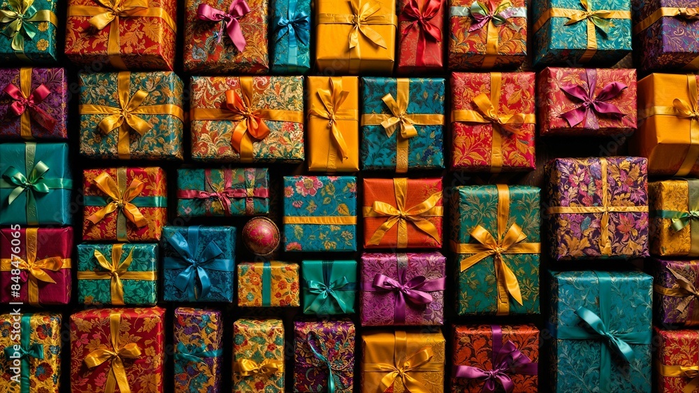AI generated illustration of a vibrant collection of colorful gifts with decorative wrapping paper AI generated illustration of a vibrant collection of colorful gifts with decorative wrapping paper
