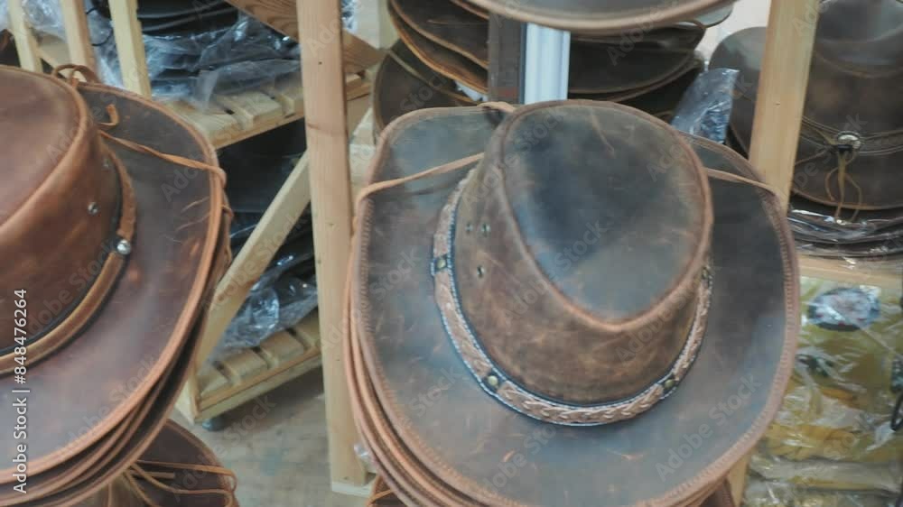 Old cowboy hats neatly arranged in a store, reminiscent of the Western era. Old cowboy hats neatly arranged in a store, reminiscent of the Western era.