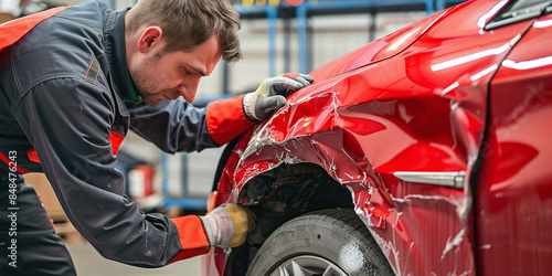 An auto body repair specialist diligently repairs dents in your car's fenders, ensuring a flawless restoration. Concept Car Body Repair, Dented Fenders, Restoration, Flawless Finish, Specialized Work photo