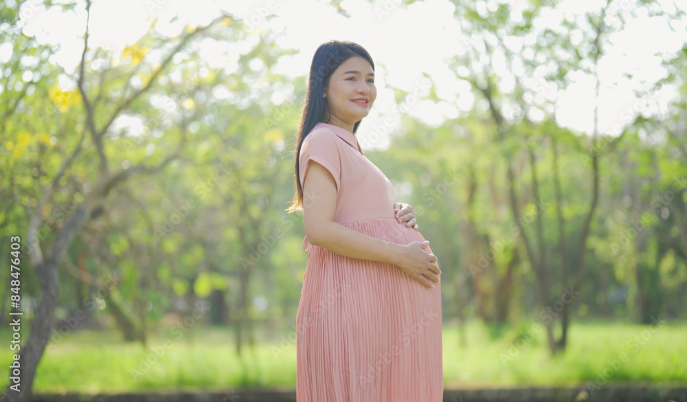 A portrait of happy Asian pregnant woman walking in public garden park on vacation. Love of mother. Having a baby. Family people lifestyle. A portrait of happy Asian pregnant woman walking in public garden park on vacation. Love of mother. Having a baby. Family people lifestyle.