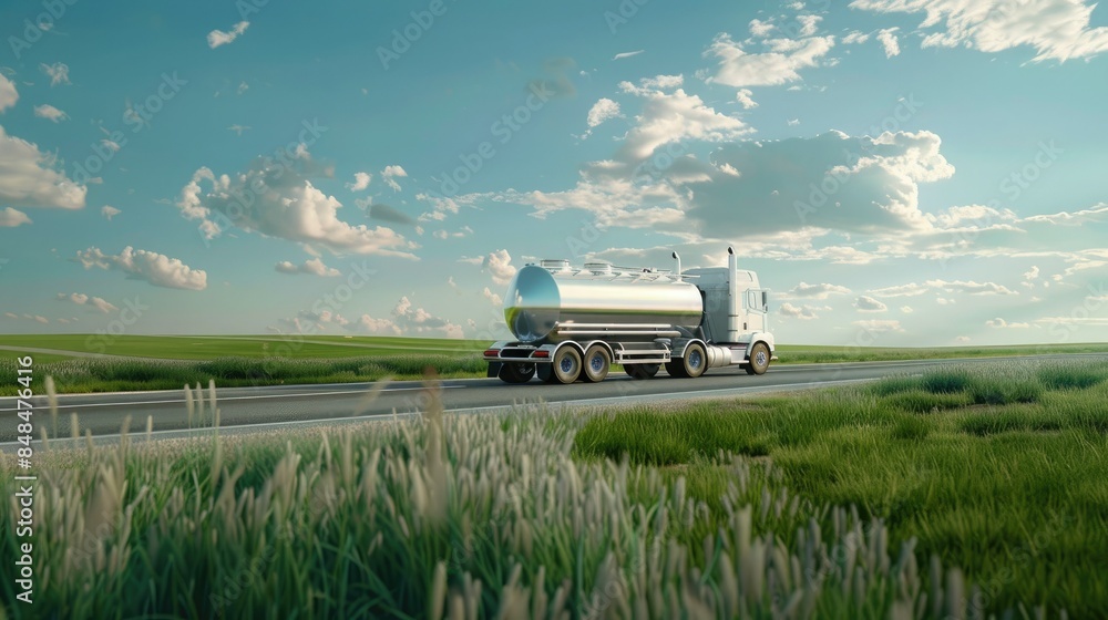 Fototapeta premium A white truck with a stainless steel tank drives along a road through green fields, against a backdrop of trees and hills.