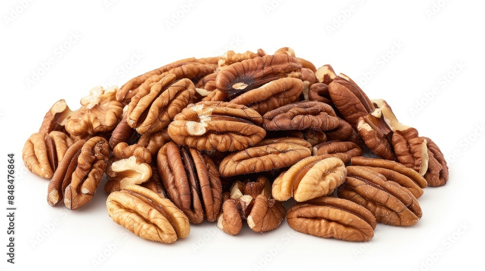 Pecans and walnuts arranged in a heap on a white backdrop Pecans and walnuts arranged in a heap on a white backdrop