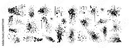 Spray paint drips, inky blots or splashes. Black splatters, graffiti inkblot spots with dusty speckle effect on white background. Paintbrush splotch, ink drop, liquid blob. Dirty grunge splash stains.