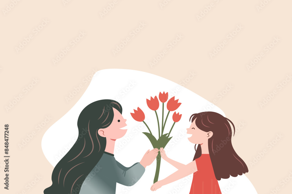 Happy Mother's Day. Minimalist vector art with flowers. Daughter gifting her mum flowers on mother's day. Postcard picture. Women's day. Happy Mother's Day. Minimalist vector art with flowers. Daughter gifting her mum flowers on mother's day. Postcard picture. Women's day.