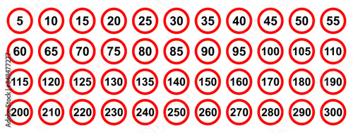 Speed limit sign set on white background. Circle speed limit road sign set. Road sign with the speed limit.