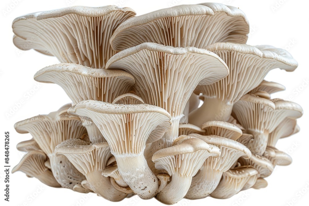 A cluster of oyster mushrooms with fanshaped caps and short stems, white background A cluster of oyster mushrooms with fanshaped caps and short stems, white background