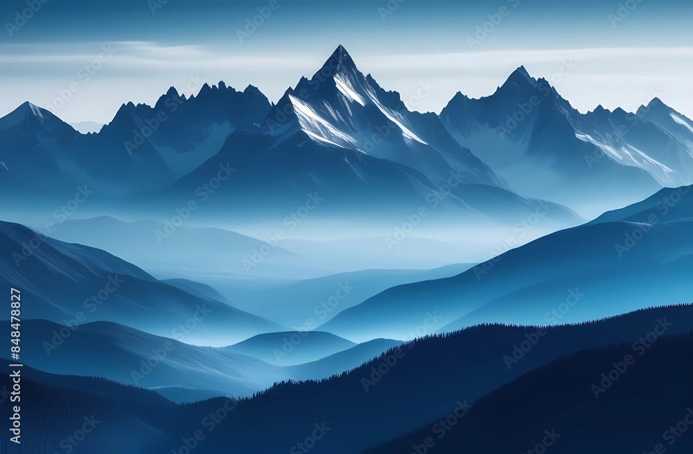Mountain view in monochrome. Foggy and overcast. Illustration for wallpaper, cover, postcard, postcard, interior design, banner, poster and advertisement Mountain view in monochrome. Foggy and overcast. Illustration for wallpaper, cover, postcard, postcard, interior design, banner, poster and advertisement