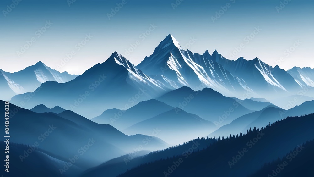 Mountain view in monochrome. Foggy and overcast. Illustration for wallpaper, cover, postcard, postcard, interior design, banner, poster and advertisement Mountain view in monochrome. Foggy and overcast. Illustration for wallpaper, cover, postcard, postcard, interior design, banner, poster and advertisement