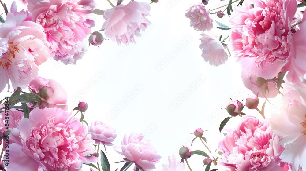Greeting card with pink floral patterns of peonies and buds around the edges, white space for text Greeting card with pink floral patterns of peonies and buds around the edges, white space for text