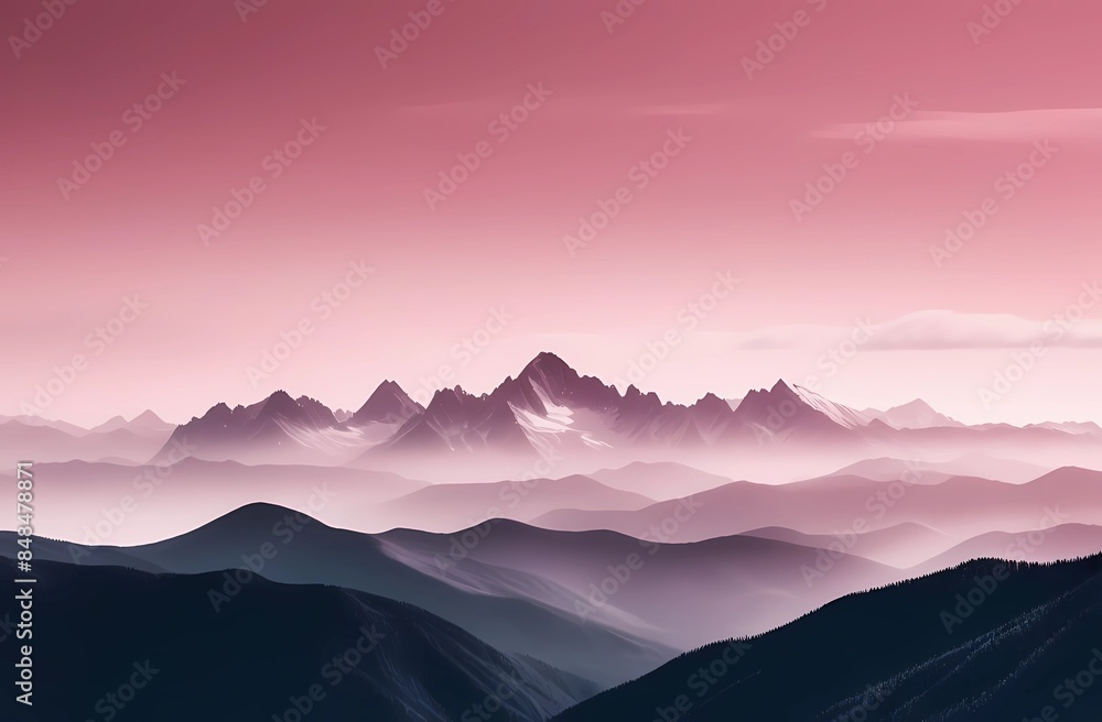 Mountain view in monochrome. Foggy and overcast. Illustration for wallpaper, cover, postcard, postcard, interior design, banner, poster and advertisement Mountain view in monochrome. Foggy and overcast. Illustration for wallpaper, cover, postcard, postcard, interior design, banner, poster and advertisement