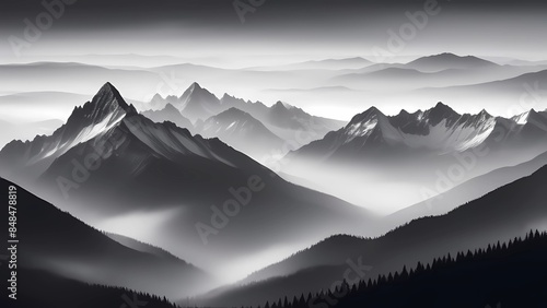 Mountain view in monochrome. Foggy and overcast. Illustration for wallpaper, cover, postcard, postcard, interior design, banner, poster and advertisement
