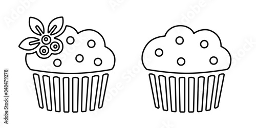 Cupcake line icon, black outline isolated on white. Berry cupcake decorated with blueberry or muffin with chocolate pieces. Vector clipart sign or minimalist logo for food design, bakery illustration.