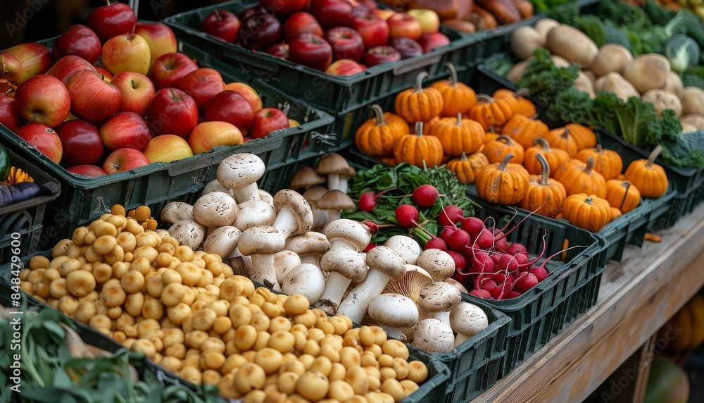 Fresh Produce Display at a Farmers Market Stall Fresh Produce Display at a Farmers Market Stall
