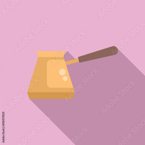 Gold cezve for making coffee is standing on purple background, coffee shop concept