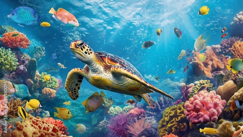 Large turtle at the bottom of the ocean with a coral reef in the background. Generated AI