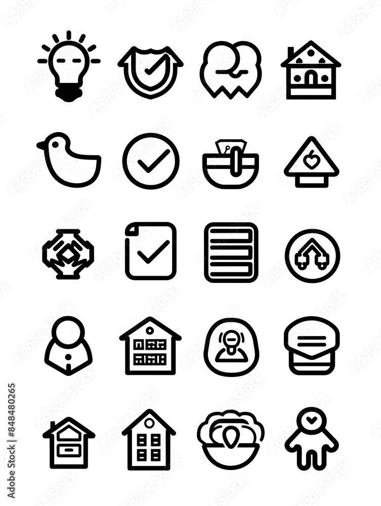 A collection of icons for various things, including a house, a clock A collection of icons for various things, including a house, a clock