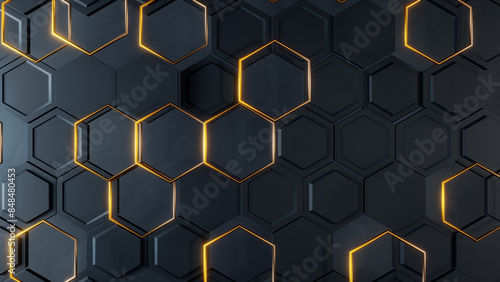 Modern 3D hexagonal design with glowing gold accents. High-tech, futuristic, and abstract aesthetic.