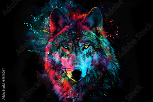 Wolf is shown in neon colors over a black backdrop in a pop art portrait with splatters of watercolor. CG artwork