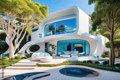 Une maison moderne de. luxe élégante avec piscine et jardin paysager. La piscine est entourée de chaises longues et de plantes en pot.  photo