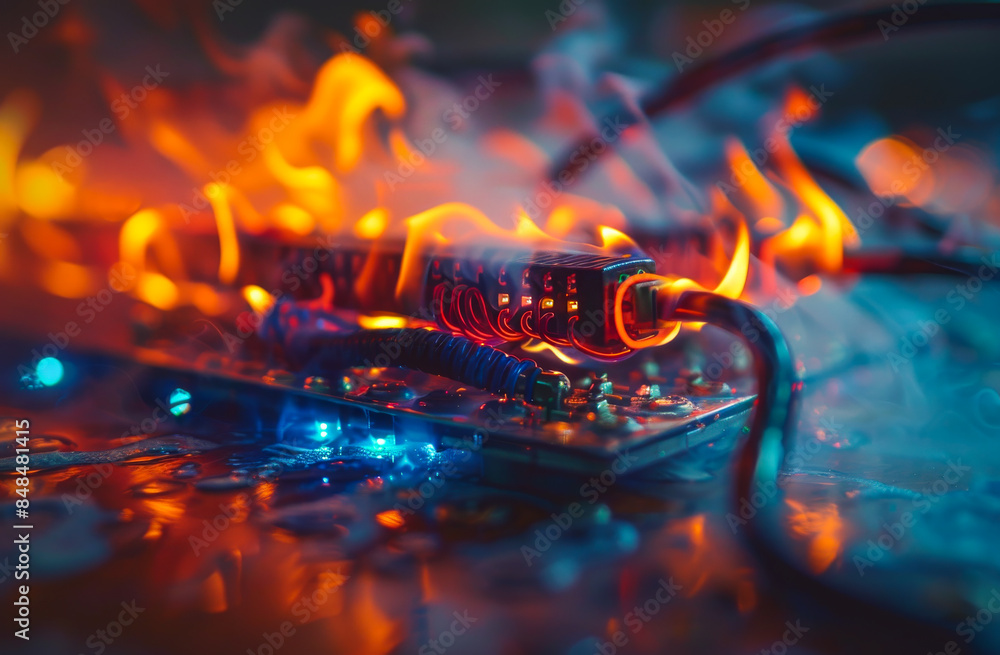 Computer circuit board on fire with flames and smoke on dark background Computer circuit board on fire with flames and smoke on dark background