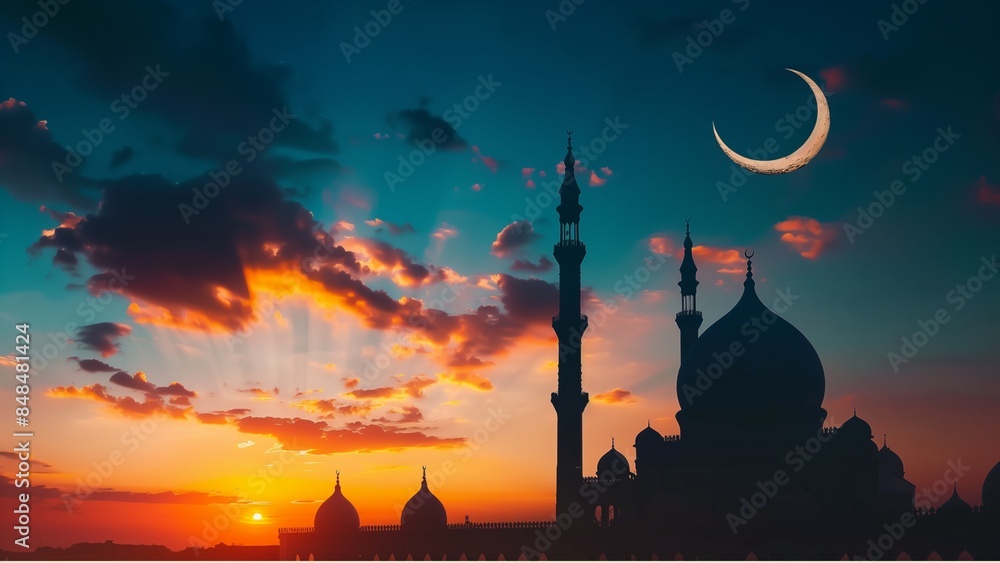 Obraz premium Silhouette of a religious Islamic Muslim mosque with a crescent moon