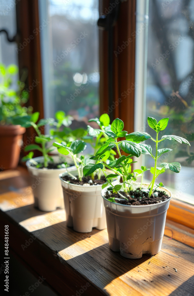 Young seedlings are growing in pots on the windowsill Young seedlings are growing in pots on the windowsill