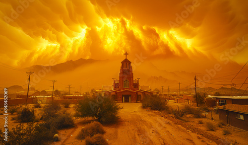 Church is engulfed by massive dust storm in the desert of Arizona photo