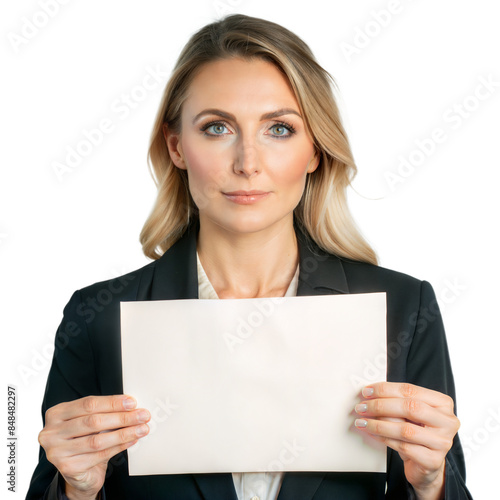 Businesswoman holding blank sign on transparent background photo