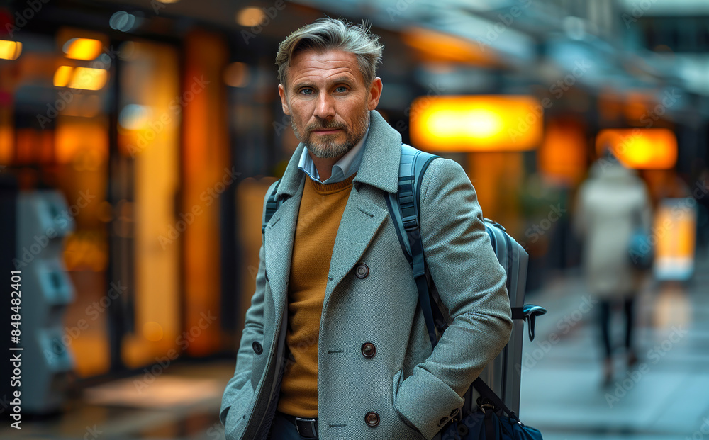 Mature man with backpack standing in shopping mall. Mature man with backpack standing in shopping mall.