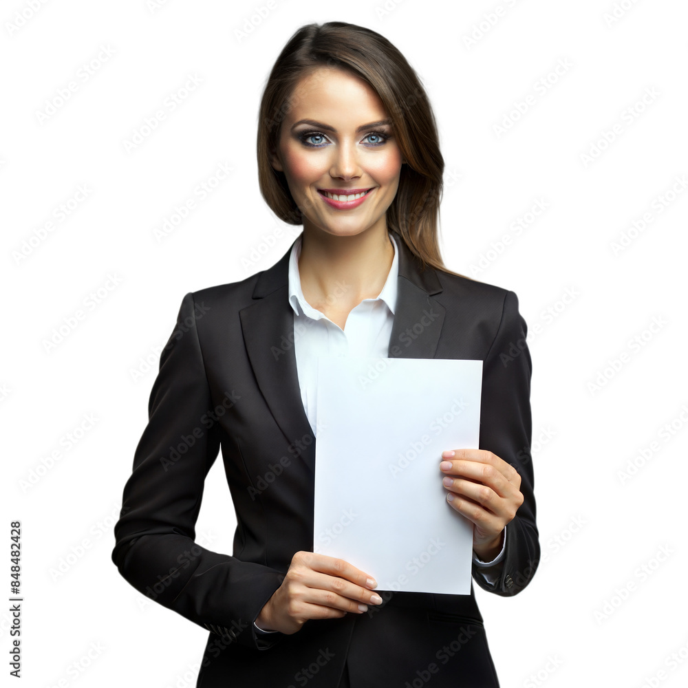 Businesswoman presenting blank paper on transparent background Businesswoman presenting blank paper on transparent background