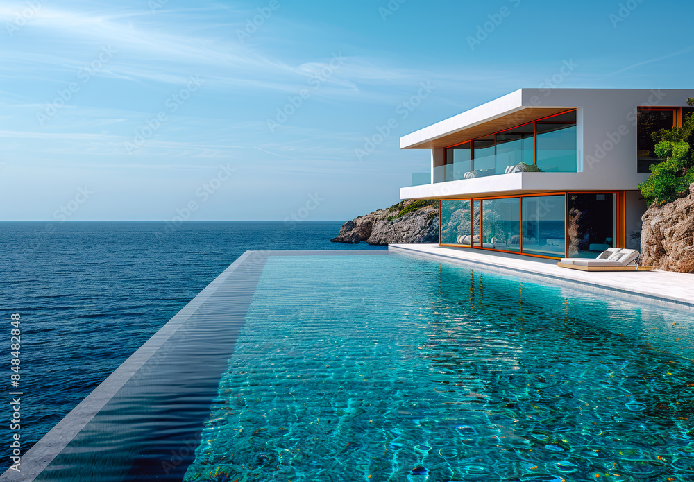 Fototapeta premium Infinity pool on the roof top of villa with sea view