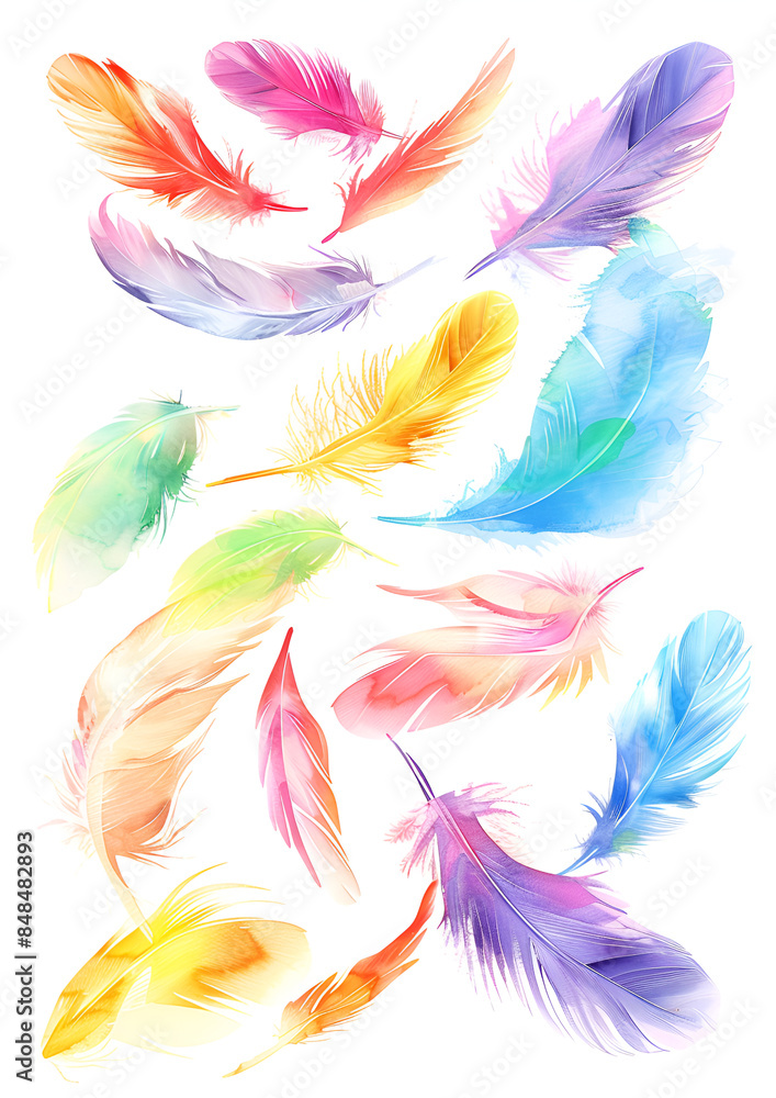 Flying colorful feathers isolated on white Flying colorful feathers isolated on white
