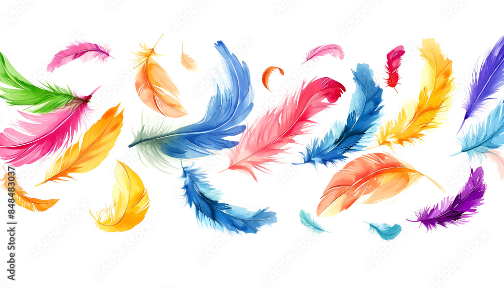 Flying colorful feathers isolated on white