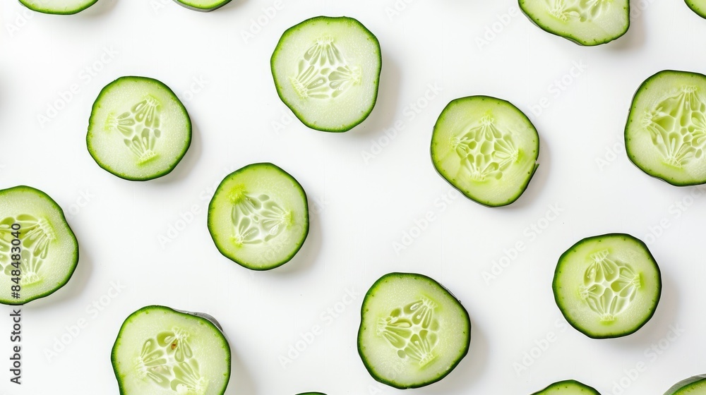 Top view image of cucumber slices on a white background for a facial mask Top view image of cucumber slices on a white background for a facial mask