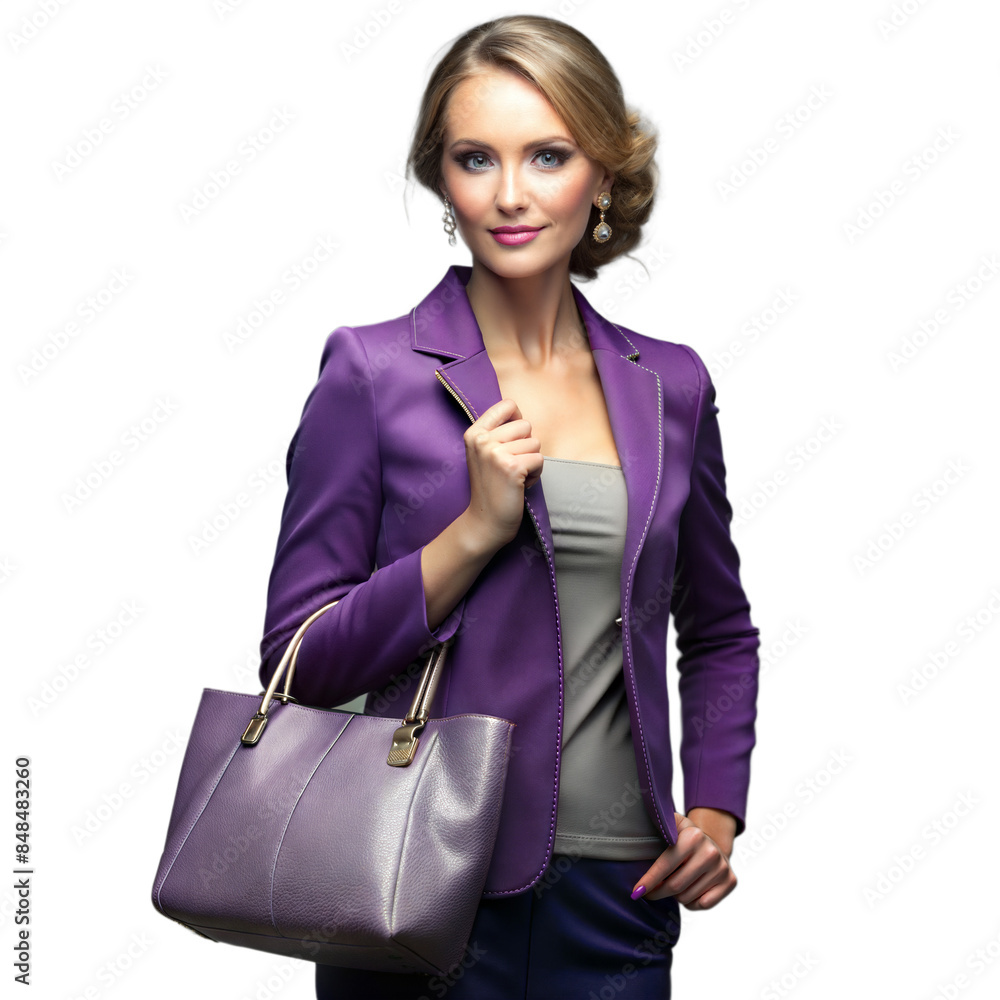 Stylish woman in purple blazer holding handbag on transparent background Stylish woman in purple blazer holding handbag on transparent background