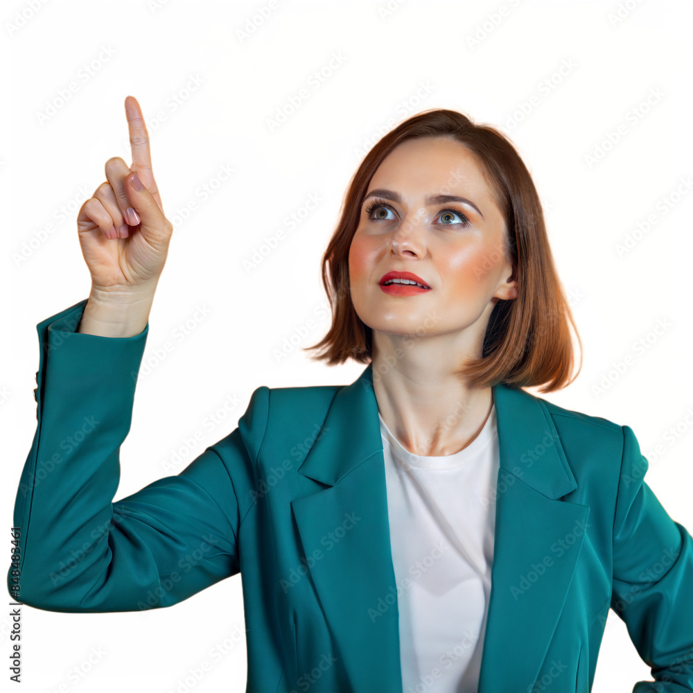 Woman pointing up in teal blazer with transparent background Woman pointing up in teal blazer with transparent background