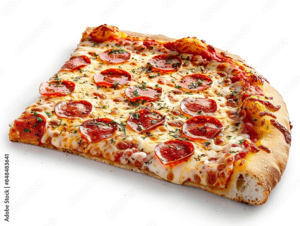 A slice of classic pepperoni pizza with a crispy crust, white background A slice of classic pepperoni pizza with a crispy crust, white background