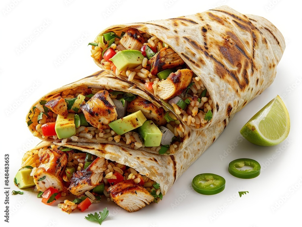 A spicy chicken burrito with grilled chicken, white background A spicy chicken burrito with grilled chicken, white background