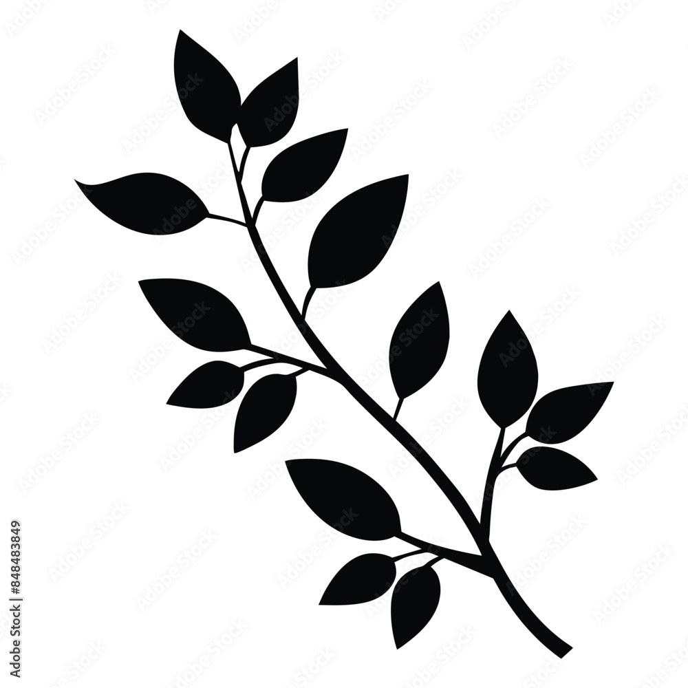 Detailed vector illustration of a leafy branch silhouette with multiple leaves, perfect for design projects, patterns, and natural themed artworks Detailed vector illustration of a leafy branch silhouette with multiple leaves, perfect for design projects, patterns, and natural themed artworks